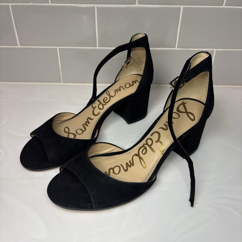 Sam Edelman Black Suede Peep Toe Ankle Strap Block Heels Women's Size 6.5 NEW